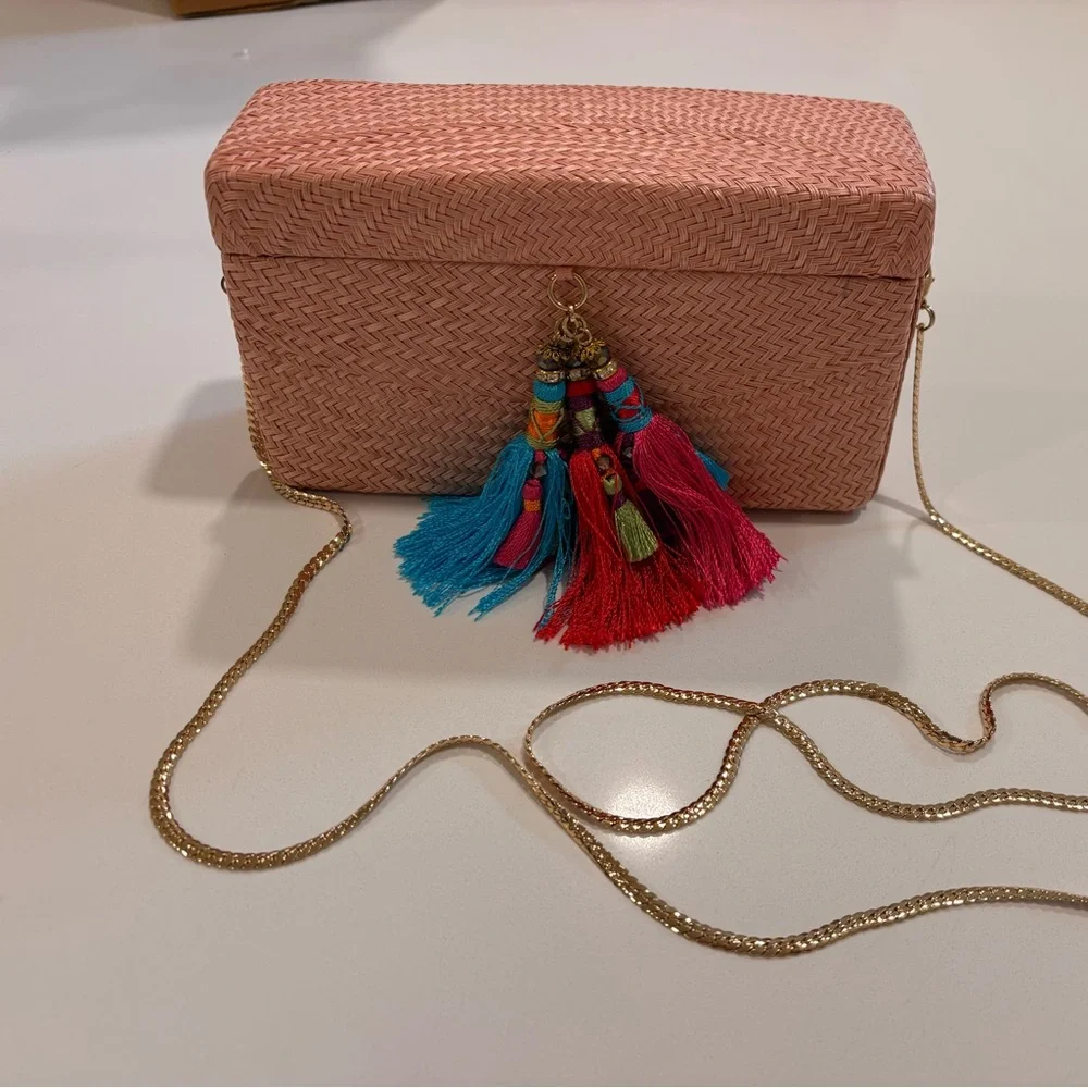 Elegant Coral Woven Clutch with Colorful Tassels - Picture 1 of 6